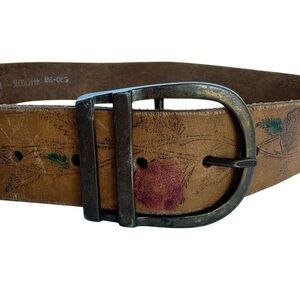 Vintage Floral Printed Leather Belt Sz 34 Tan Brown Bohemian Boho Hippie EUC